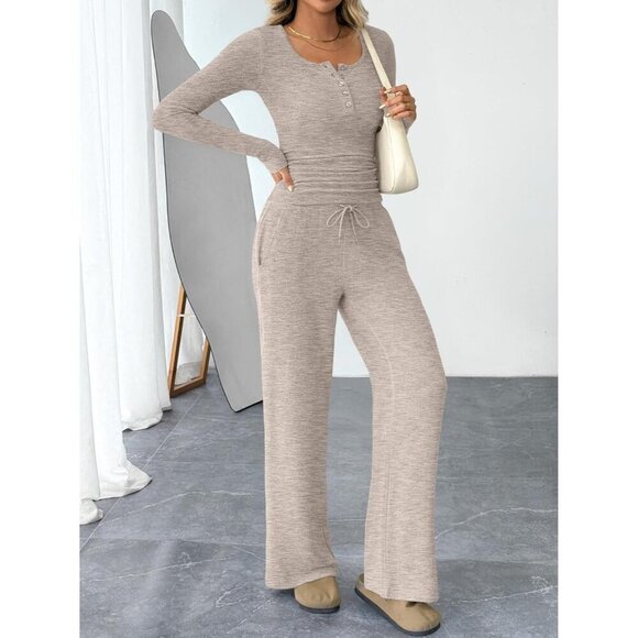 Women's Lounge Set Cotton Blend Large Casual Wide Leg Sweater Pants - Picture 3 of 6